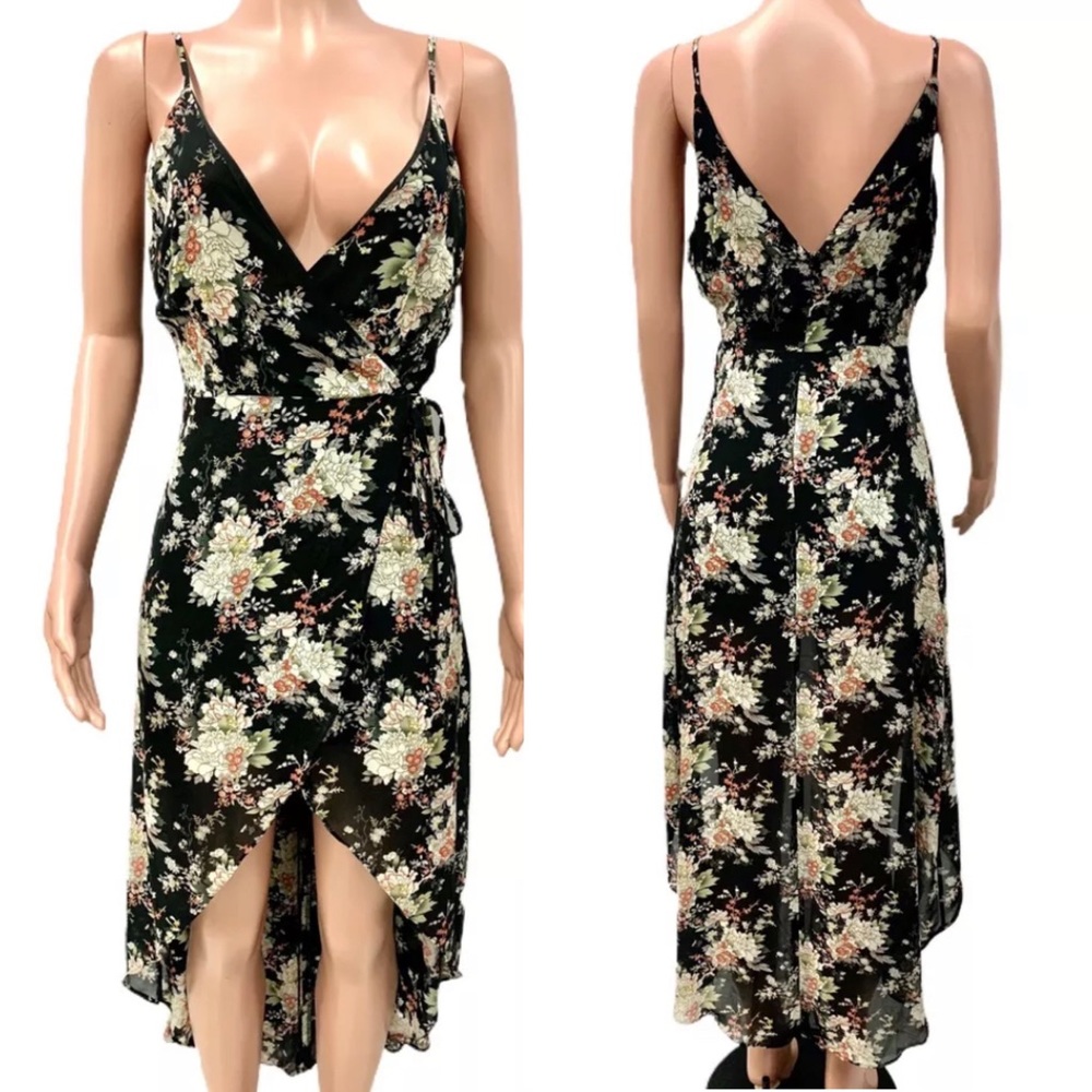 Sexy Girlie Black Asian Floral Wrap Cleavage High-Low Sun Cleavage Dress Nwt S